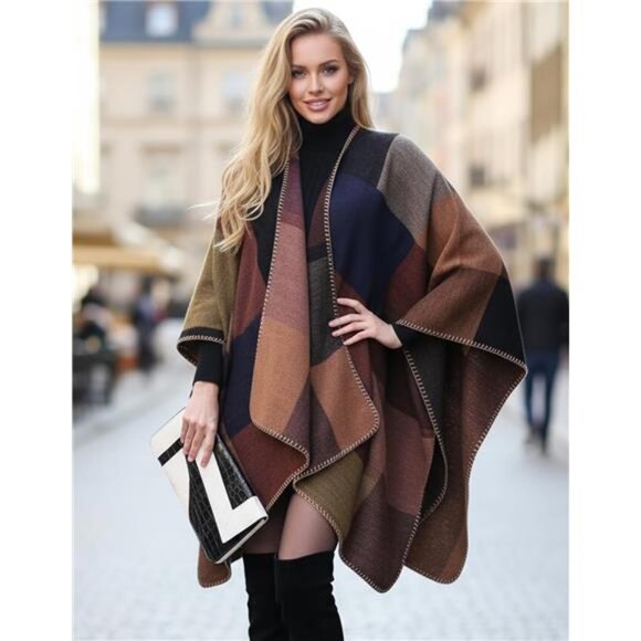 Women's Shawl Wraps Open Front Poncho Cape Oversized Sweaters Casual Cardigan - Picture 2 of 7